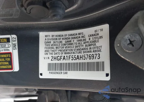 2010 Honda Civic Lx из США, поврежденный, VIN 2HGFA1F55AH576973